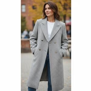 Wool Tailored Coat Women's Gray‎ Checkered Double-Breasted trench Coat size 12